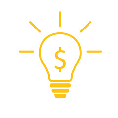 Lightbulb. Illustration of a yellow lightbulb with the dollar sign inside representing the rising cost of electricity. Light bulb with rays. Symbol of energy and ideas. International Day of Light 2023