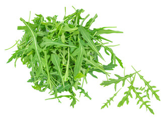 Rucola leaves isolated on white background. Green fresh  Rocket salad or arugula leaf, top view. Flat lay.
