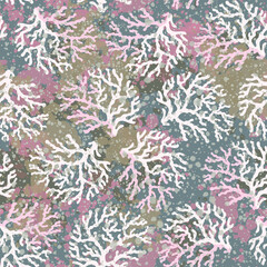 Vector hand-drawn natural ornament on textured background. Antique shabby seamless pattern for printed products like wallpapers, packaging, textiles. Modern design in trendy style.