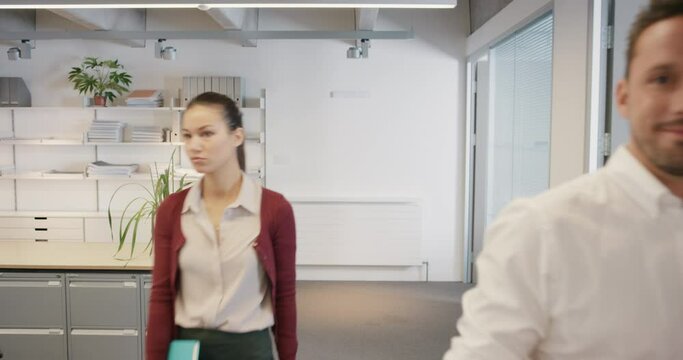 Sexy new woman walking into office interested men and nasty women looking slow motion walk POV shot concept series