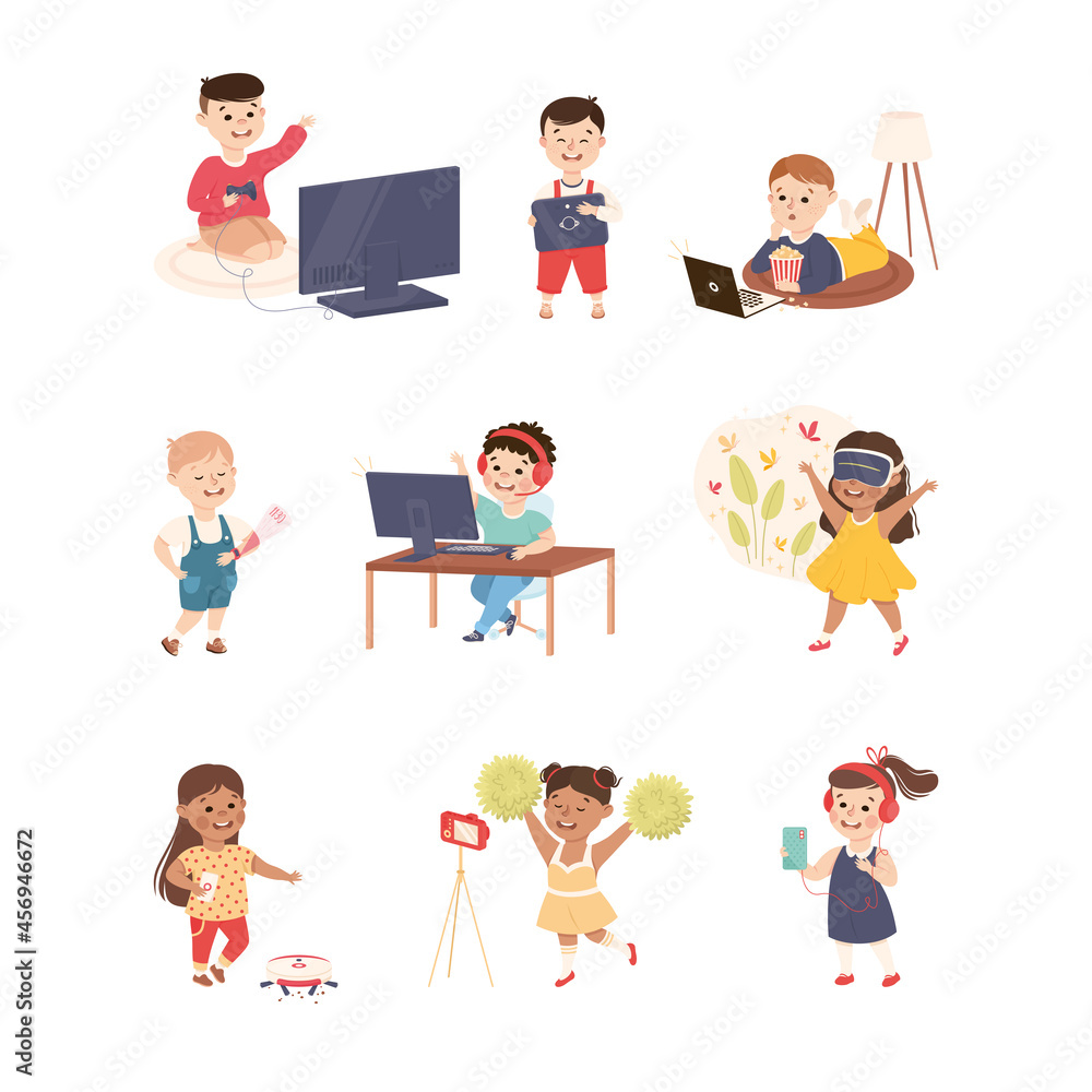 Poster cute children using gadgets like smartphone and computer vector set