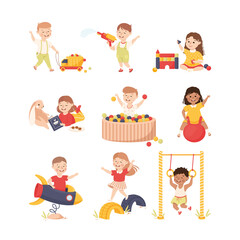 Smiling Children Playing and Having Fun Bouncing on Ball and Pulling Toy Car Vector Set