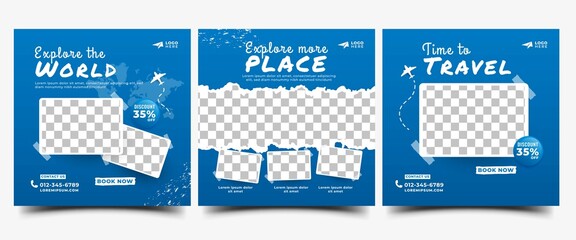 Set of Social media post template design for travel, holiday, vacation, resort promotion. Editable modern banner with blue color background and place for the photo.