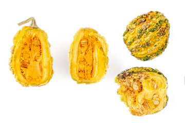 Collectio of Yellow pumpkin isolated on white background. Decorative Pumpkin close up. Autumn pattern
