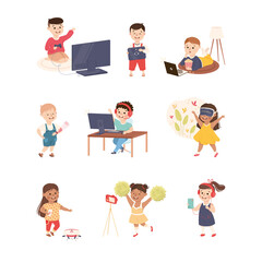 Cute Children Using Gadgets Like Smartphone and Computer Vector Set
