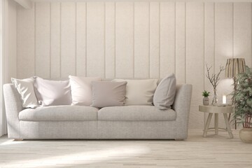 White living room with sofa. Scandinavian interior design. 3D illustration