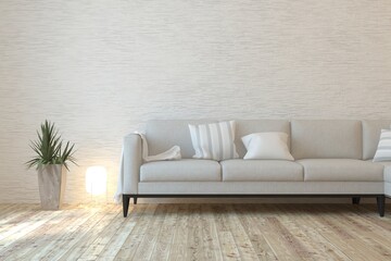 White living room with sofa. Scandinavian interior design. 3D illustration