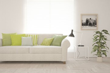 White living room with sofa. Scandinavian interior design. 3D illustration