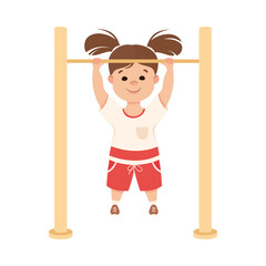 Cute Little Girl Doing Chin-up on Horizontal Bar Practicing Sport and Physical Activity Vector Illustration