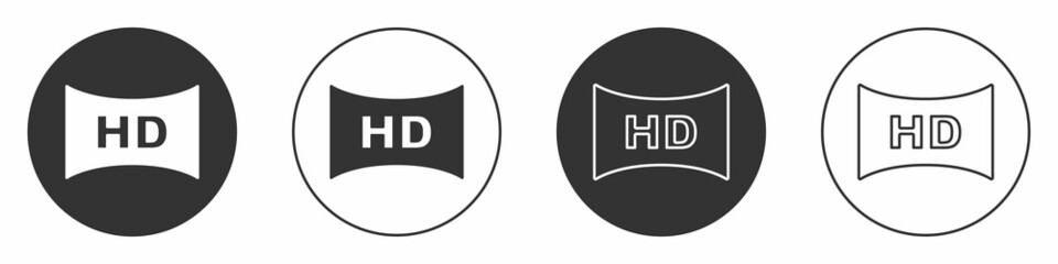 Black Hd movie, tape, frame icon isolated on white background. Circle button. Vector