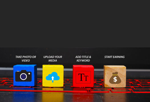 A Picture Of Camera, Upload, Add Title And Earn Money Icon On. Be A Contributor Or Content Creator