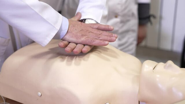 CPR training medical procedure workshop. Model dummy for CPR training in medical class