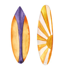Watercolor hand painted summer vibes beach surfboards illustration set isolated on white background 