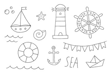 A set of illustrations on the marine theme. Ship with sails. Steering wheel. Lighthouse. Lifebuoy. Paper boat. Anchor. Vector. Doodle. Drawn by hand. Silhouette. Black and white outline. Coloring.