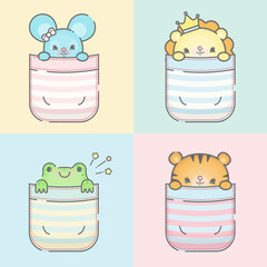 Four baby animals in pockets