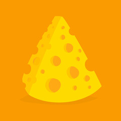 Vector Piece of Cheese Isolated on Orange Yellow Background in Cartoon Style. Yummy Food Icon.