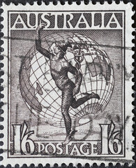 AUSTRALIA-CIRCA 1949 : A post stamp printed in Australia showing Hermes and Globe