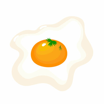 Fried Egg with Dilll and Parsley Isolated White Background in Cartoon Style. Yummy Food Icon. Vector Illustration.