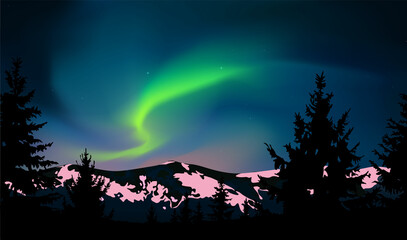 Green northern lights above mountains. Pine trees landscape pattern.