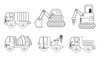 The Crane, Excavator, Truck - Construction outline icon machinery set design flat style isolated on white background. Heavy machine concrete mixer, loader and crawler crane. cars.transportation, autom