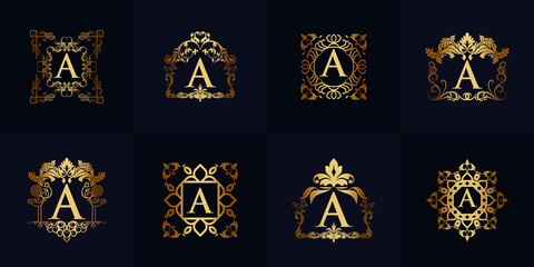 luxury flower frame logo design with initial letter A
