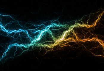 Blue and orange lightning and plasma background, abstract fire and ice background