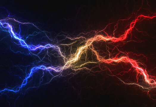 Blue and orange lightning and plasma background, abstract fire and ice background