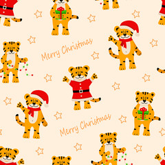 Obraz na płótnie Canvas Seamless pattern of Christmas tiger, cute cartoon symbols of the year. Vector illustration, the concept of Christmas and New Year.