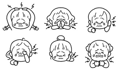 痛がる女の子のイラストセット（頭・鼻・耳・目・頬／歯・首／喉）