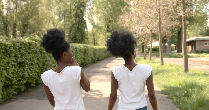 African American twins pointing at places in the park