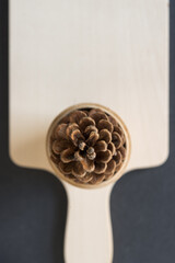 pine cone on a wooden board viewed from above