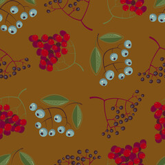 Vector fall background with rowan berries, guelder berries, elderberries. Botanical isolated elements.
