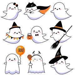 Cute ghosts set. Halloween characters in kawaii style. collection of isolated vector clip art - 456950830