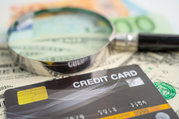 Credit card on US dollar banknotes. Finance development, Banking Account, Statistics, Investment Analytic research data economy, Stock exchange trading, Business company concept.