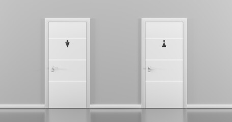 Toilet doors for women and men in empty corridor, front view. Realistic interior with white closed doors, sign WC, grey walls and floor. Entrance in public restroom, lavatory in school, mall or office