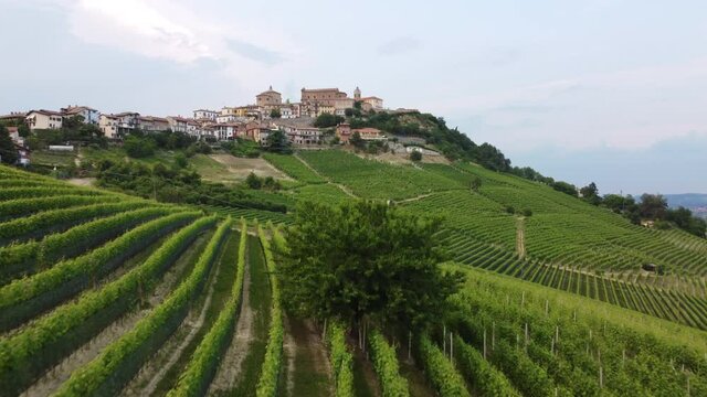 La Morra and vineyards aerial view in Barolo Langhe, Piedmont