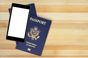 passport with a smartphone with a blank screen for digital vaccination certificate