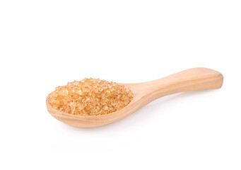 Fototapeta na wymiar Brown cane sugar in wooden spoon on white background