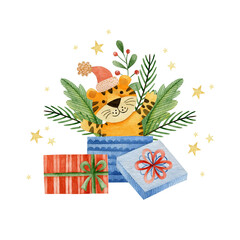 Watercolor illustration for the new year of the tiger, christmas, happy holiday. Greeting card.  