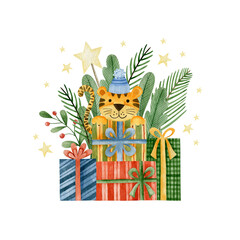 Watercolor illustration for the new year of the tiger, christmas, happy holiday. Greeting card.  