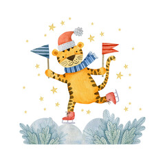 Watercolor illustration for the new year of the tiger, christmas, happy holiday. Greeting card.  