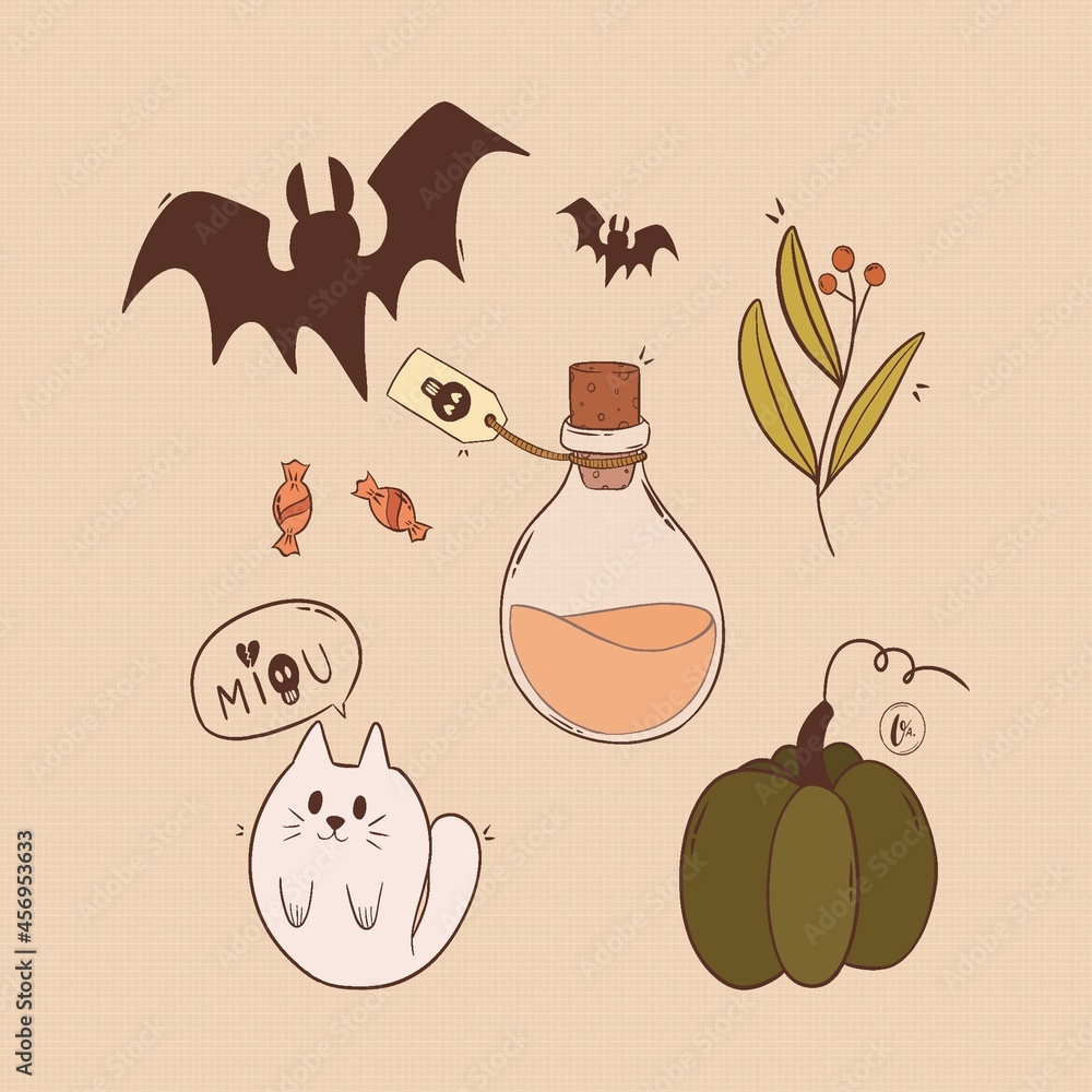 Wall mural Halloween collection - Chauve-souris, potion magique, chat fantôme et citrouille. Couleurs.