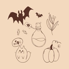 Halloween collection - Chauve-souris, potion magique, chat fantôme et citrouille. Croquis