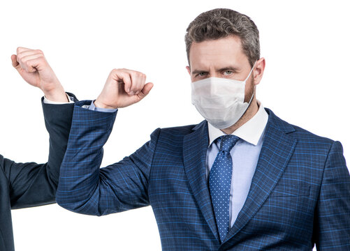 Man Manager In Mask Use Coronavirus Greeting Touching Elbows With Colleague, Elbow Bumping