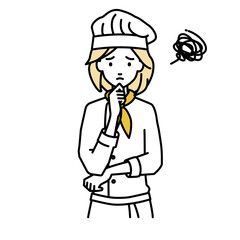 立って手をあごにあてて困っている調理師の女性