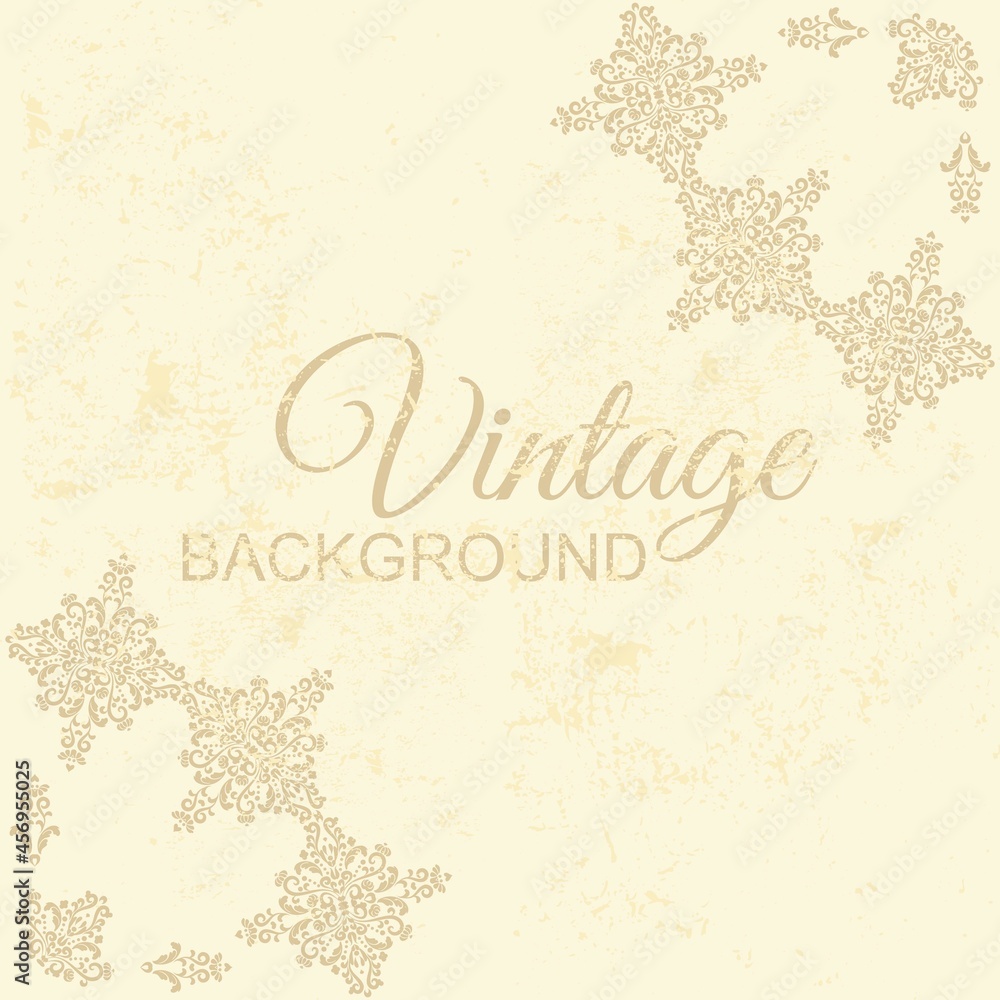 Poster vector vintage grunge background with gold ornaments with space for text. shabby pattern with damask