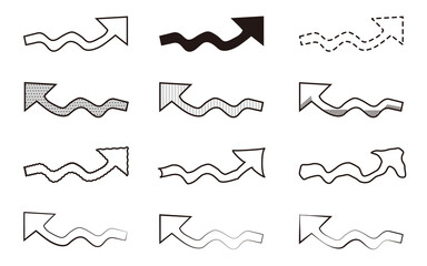 波型、波線矢印、モノクロバリエーションセット