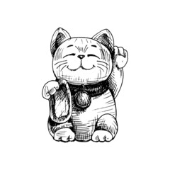 Maneki neko. Japan lucky cat with raised paw. Vintage vector hatching