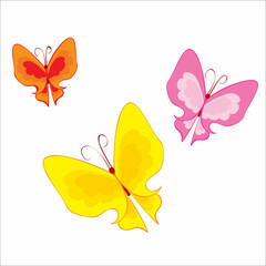 three yellow orange and pink butterflies, isolated object on white background, cartoon illustration, vector,