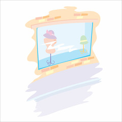 shop window with mannequin and hat, isolated object on white background, cartoon illustration, vector,